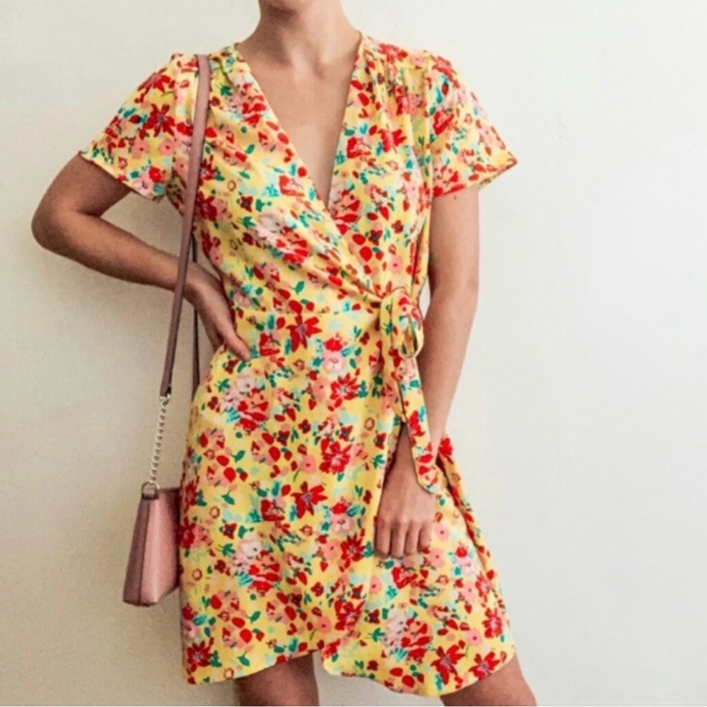 J.Crew Yellow Multicolored Floral Print Wrap Dress